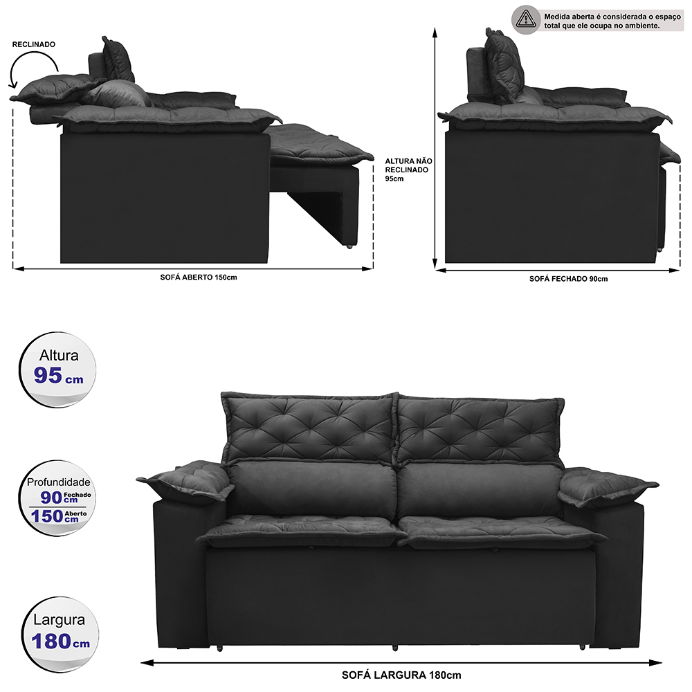 Sofá 3 Lugares Retrátil e Reclinável Cama inBox Compact 1,80m Velusoft Preto