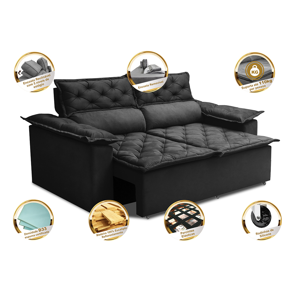 Sofá 3 Lugares Retrátil e Reclinável Cama inBox Compact 1,80m Velusoft Preto