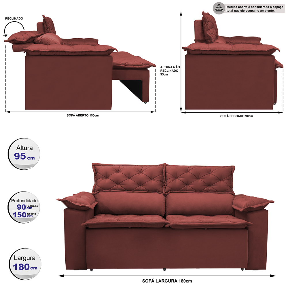 Sofá 3 Lugares Retrátil e Reclinável Cama inBox Compact 1,80m Velusoft Vermelho