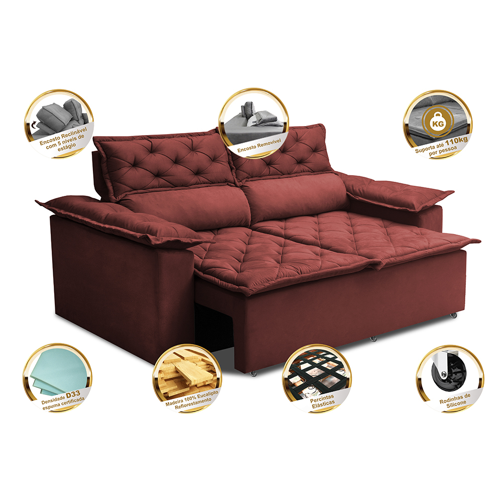 Sofá 3 Lugares Retrátil e Reclinável Cama inBox Compact 1,80m Velusoft Vermelho