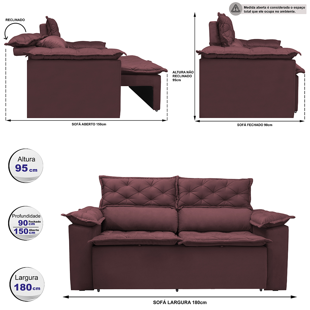 Sofá 3 Lugares Retrátil e Reclinável Cama inBox Compact 1,80m Velusoft Vinho