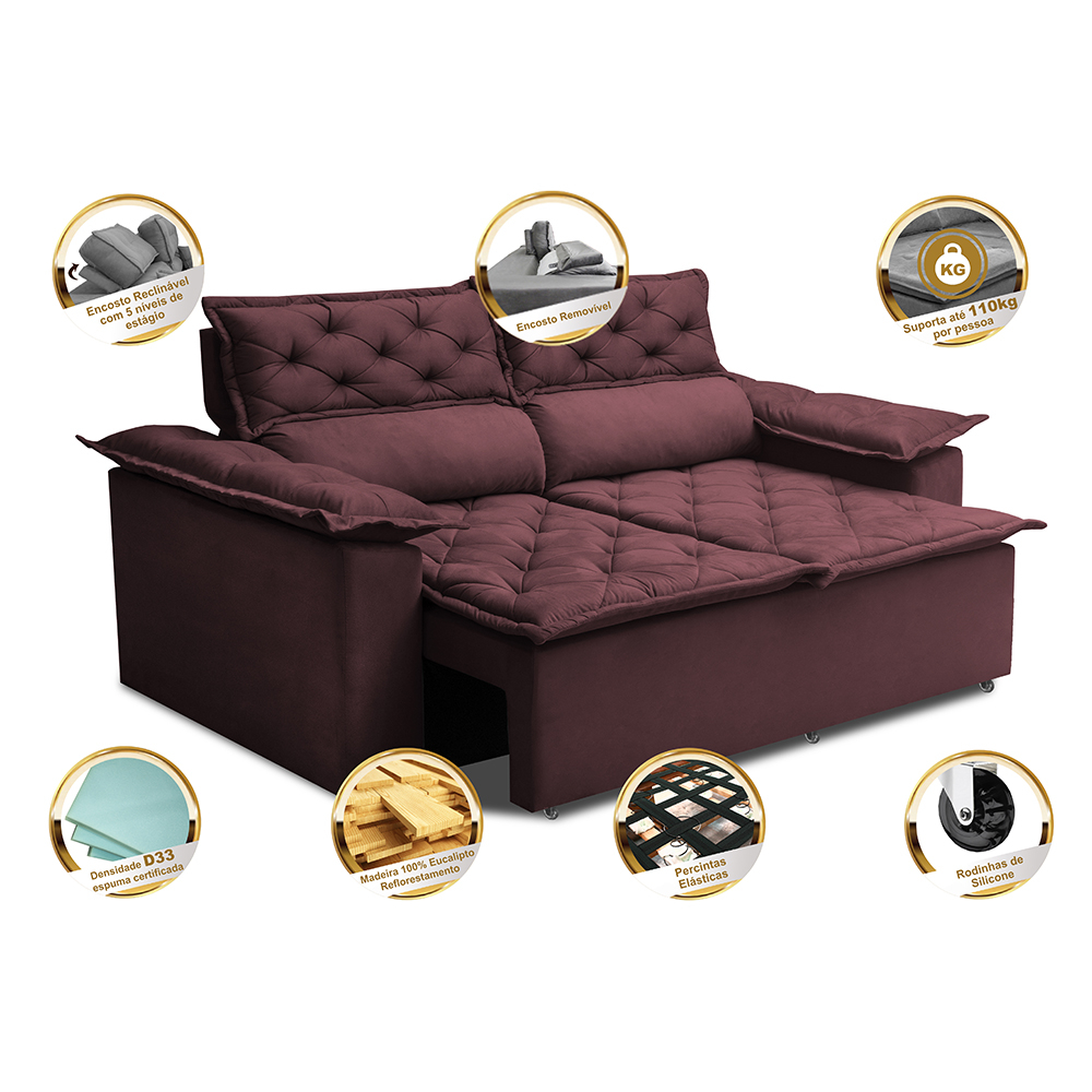 Sofá 3 Lugares Retrátil e Reclinável Cama inBox Compact 1,80m Velusoft Vinho