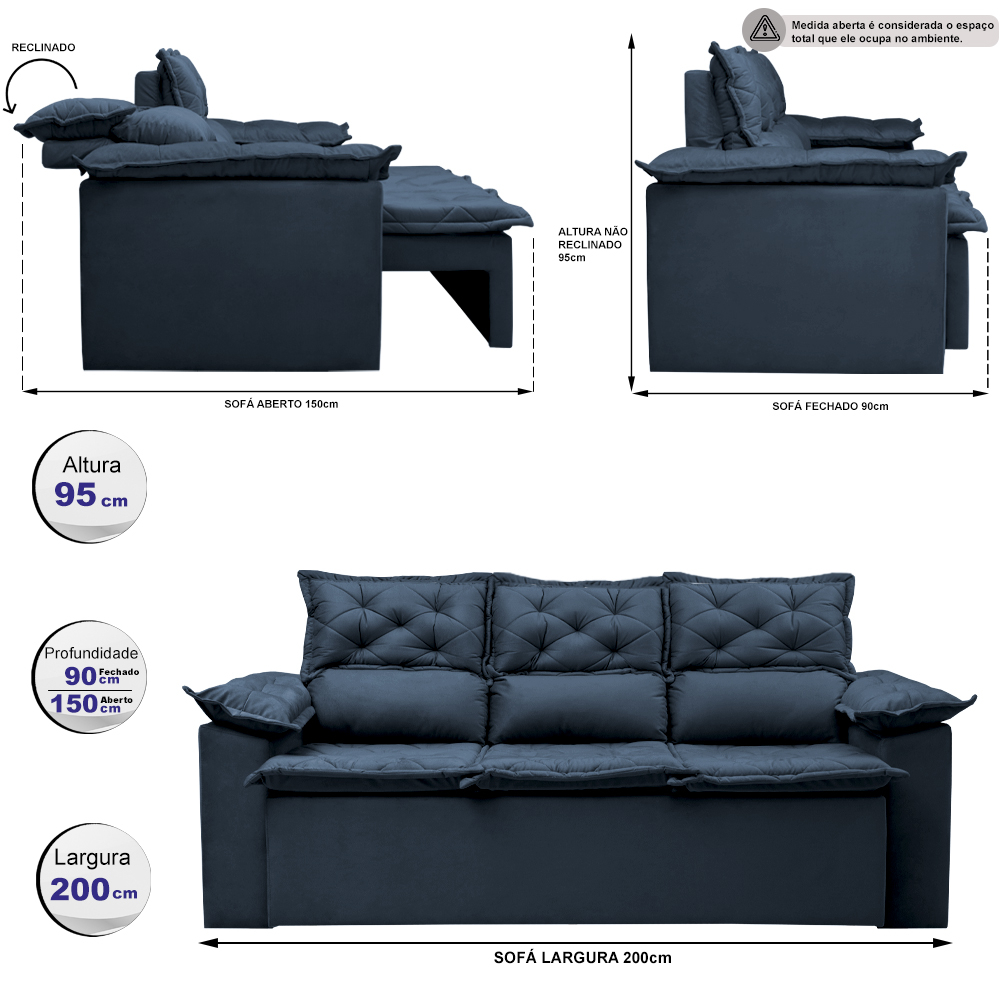 Sofá 3 Lugares Retrátil e Reclinável Cama inBox Compact 2,00m Velusoft Azul