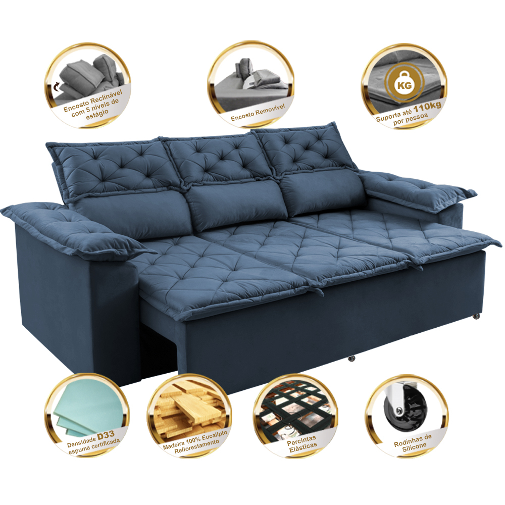 Sofá 3 Lugares Retrátil e Reclinável Cama inBox Compact 2,00m Velusoft Azul