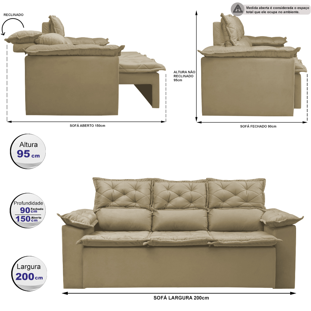 Sofá 3 Lugares Retrátil e Reclinável Cama inBox Compact 2,00m Velusoft Bege