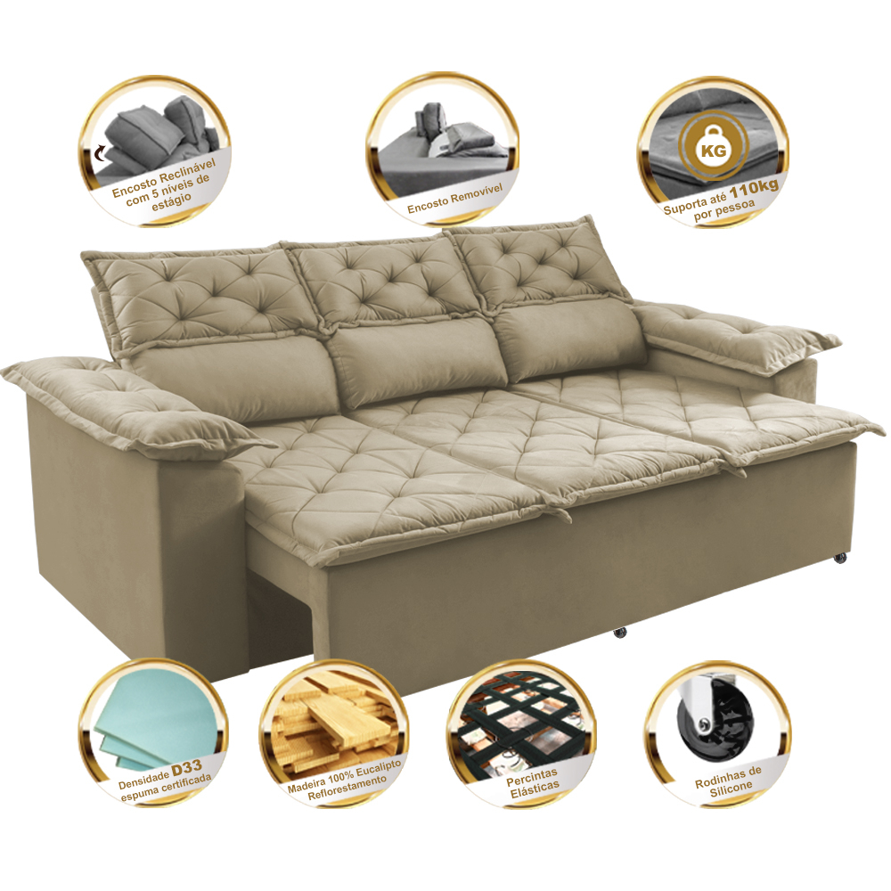 Sofá 3 Lugares Retrátil e Reclinável Cama inBox Compact 2,00m Velusoft Bege