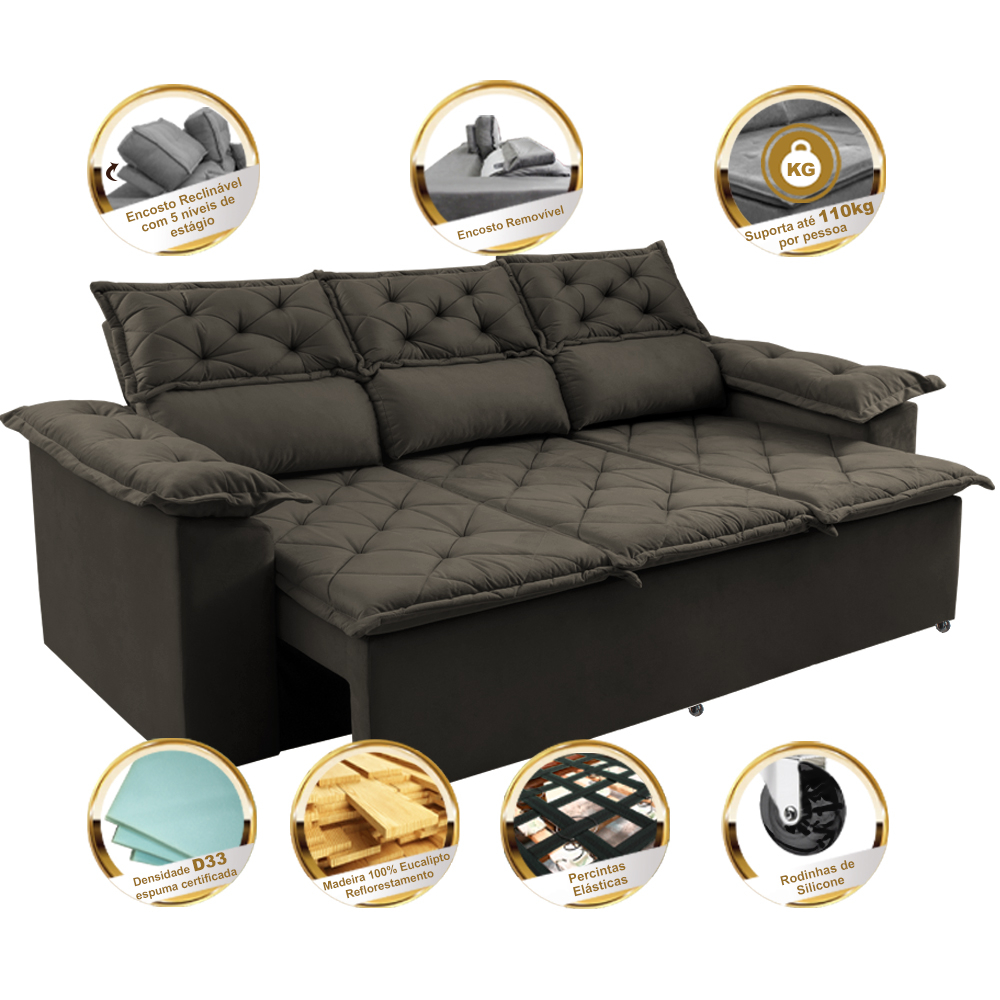 Sofá 3 Lugares Retrátil e Reclinável Cama inBox Compact 2,00m Velusoft Café