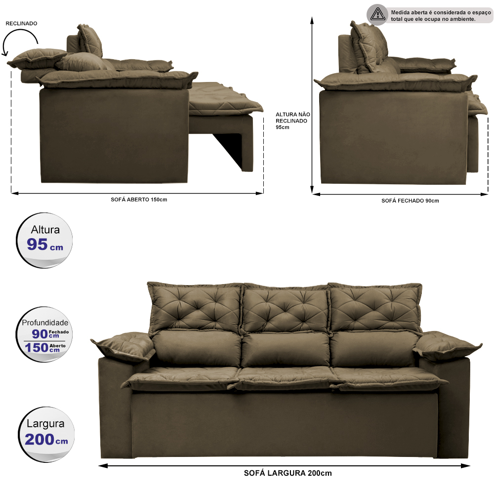 Sofá 3 Lugares Retrátil e Reclinável Cama inBox Compact 2,00m Velusoft Castor