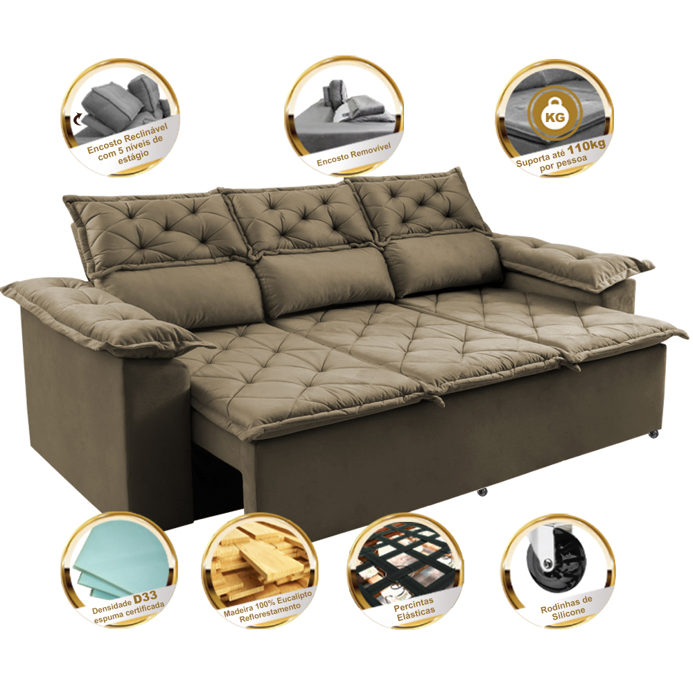 Sofá 3 Lugares Retrátil e Reclinável Cama inBox Compact 2,00m Velusoft Castor