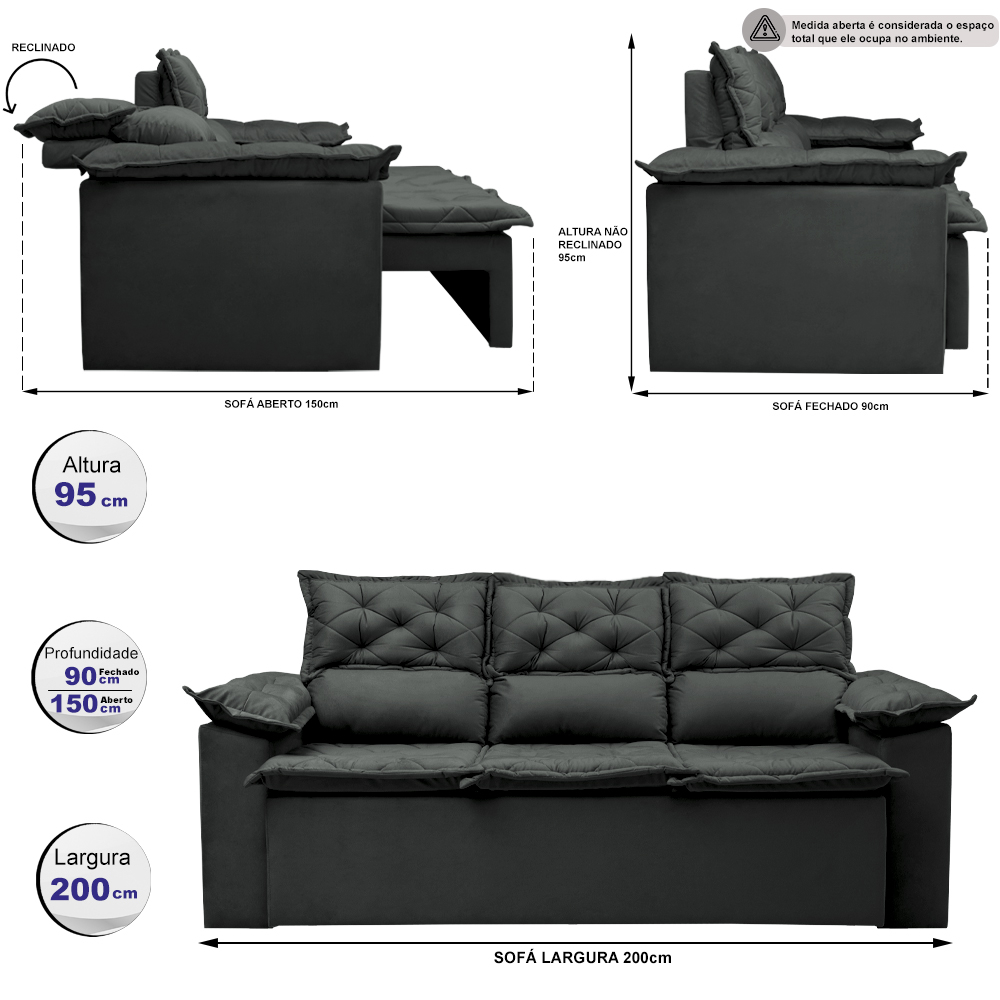 Sofá 3 Lugares Retrátil e Reclinável Cama inBox Compact 2,00m Velusoft Cinza