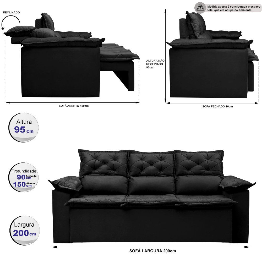 Sofá 3 Lugares Retrátil e Reclinável Cama inBox Compact 2,00m Velusoft Preto