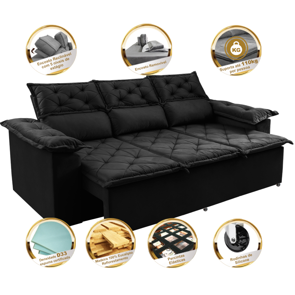 Sofá 3 Lugares Retrátil e Reclinável Cama inBox Compact 2,00m Velusoft Preto