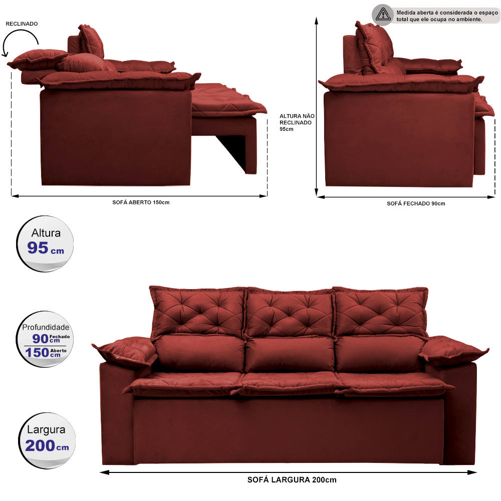 Sofá 3 Lugares Retrátil e Reclinável Cama inBox Compact 2,00m Velusoft Vermelho