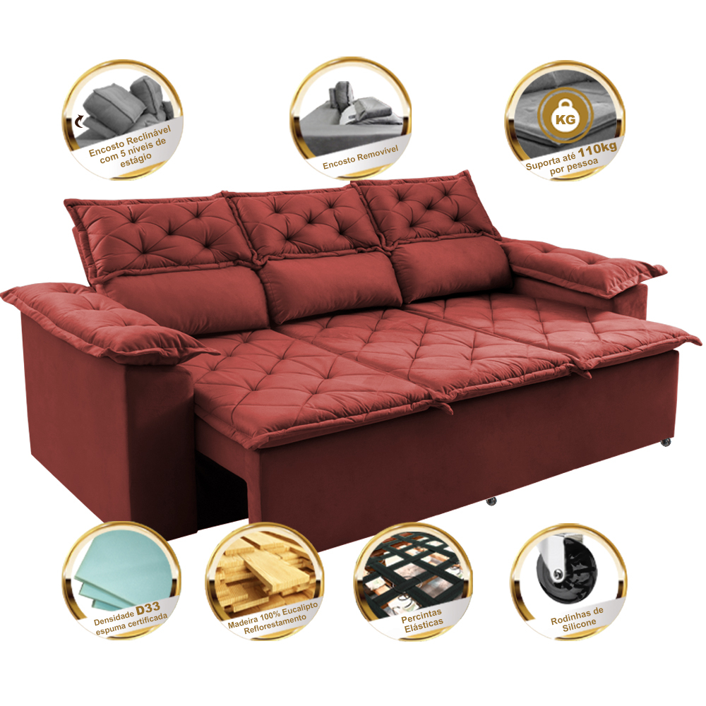 Sofá 3 Lugares Retrátil e Reclinável Cama inBox Compact 2,00m Velusoft Vermelho
