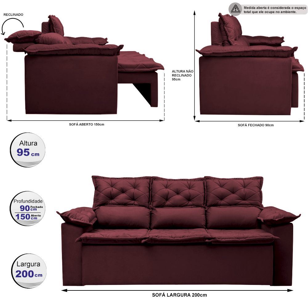 Sofá 3 Lugares Retrátil e Reclinável Cama inBox Compact 2,00m Velusoft Vinho