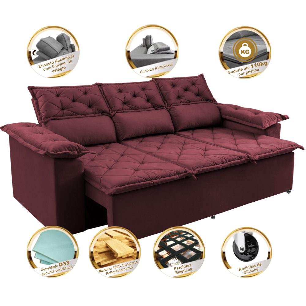 Sofá 3 Lugares Retrátil e Reclinável Cama inBox Compact 2,00m Velusoft Vinho