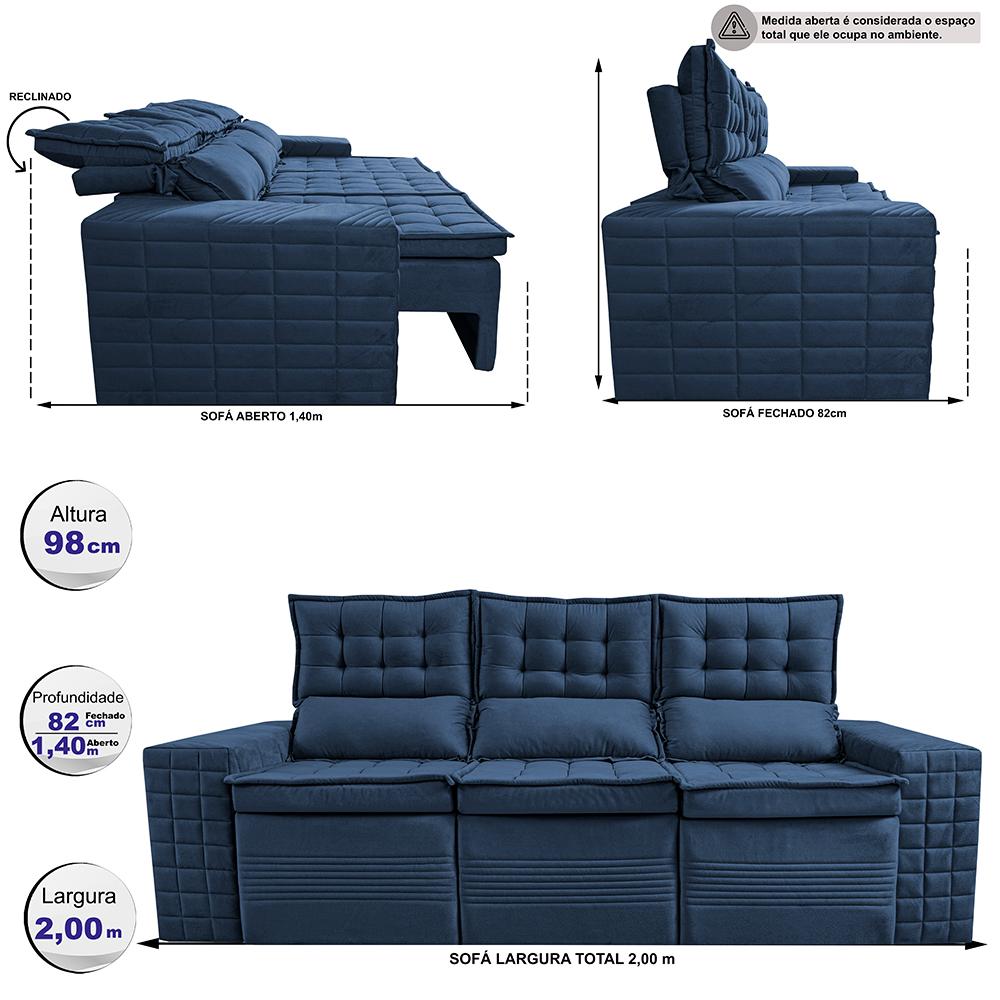 Sofá 3 Lugares Retrátil e Reclinável Cama inBox Senses 2,00m Velusoft Azul