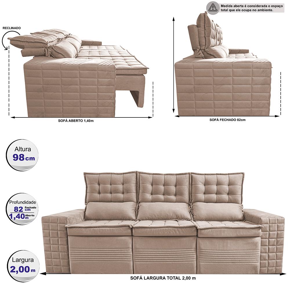 Sofá 3 Lugares Retrátil e Reclinável Cama inBox Senses 2,00m Velusoft Bege