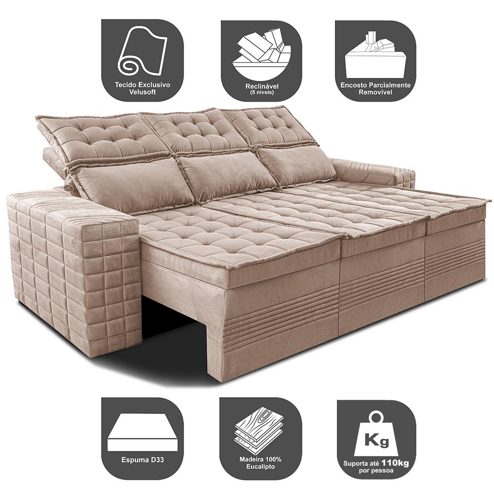 Sofá 3 Lugares Retrátil e Reclinável Cama inBox Senses 2,00m Velusoft Bege