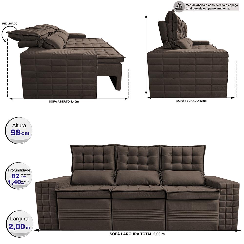 Sofá 3 Lugares Retrátil e Reclinável Cama inBox Senses 2,00m Velusoft Café
