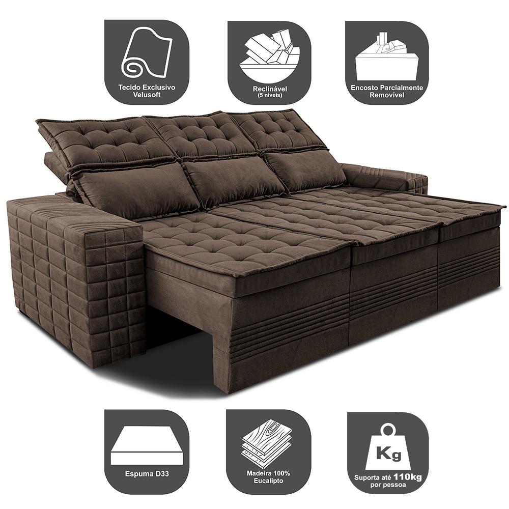 Sofá 3 Lugares Retrátil e Reclinável Cama inBox Senses 2,00m Velusoft Café