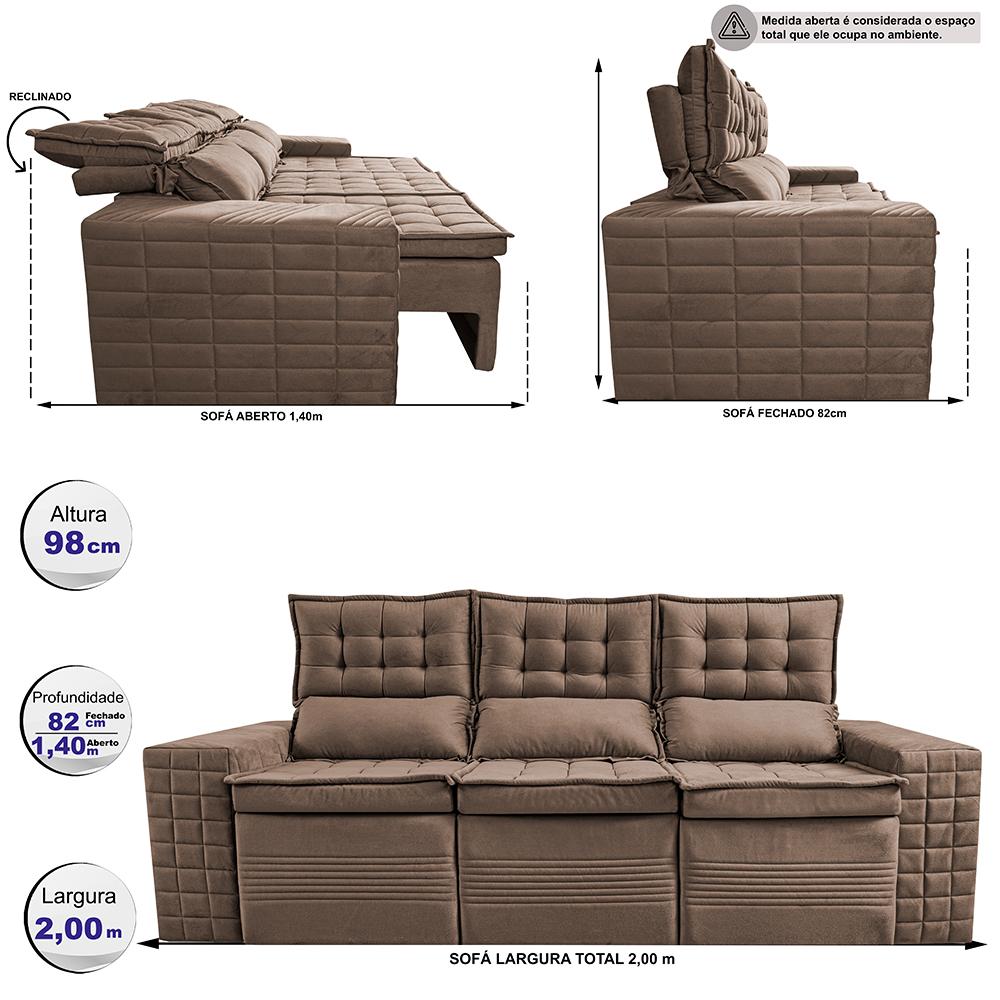 Sofá 3 Lugares Retrátil e Reclinável Cama inBox Senses 2,00m Velusoft Castor