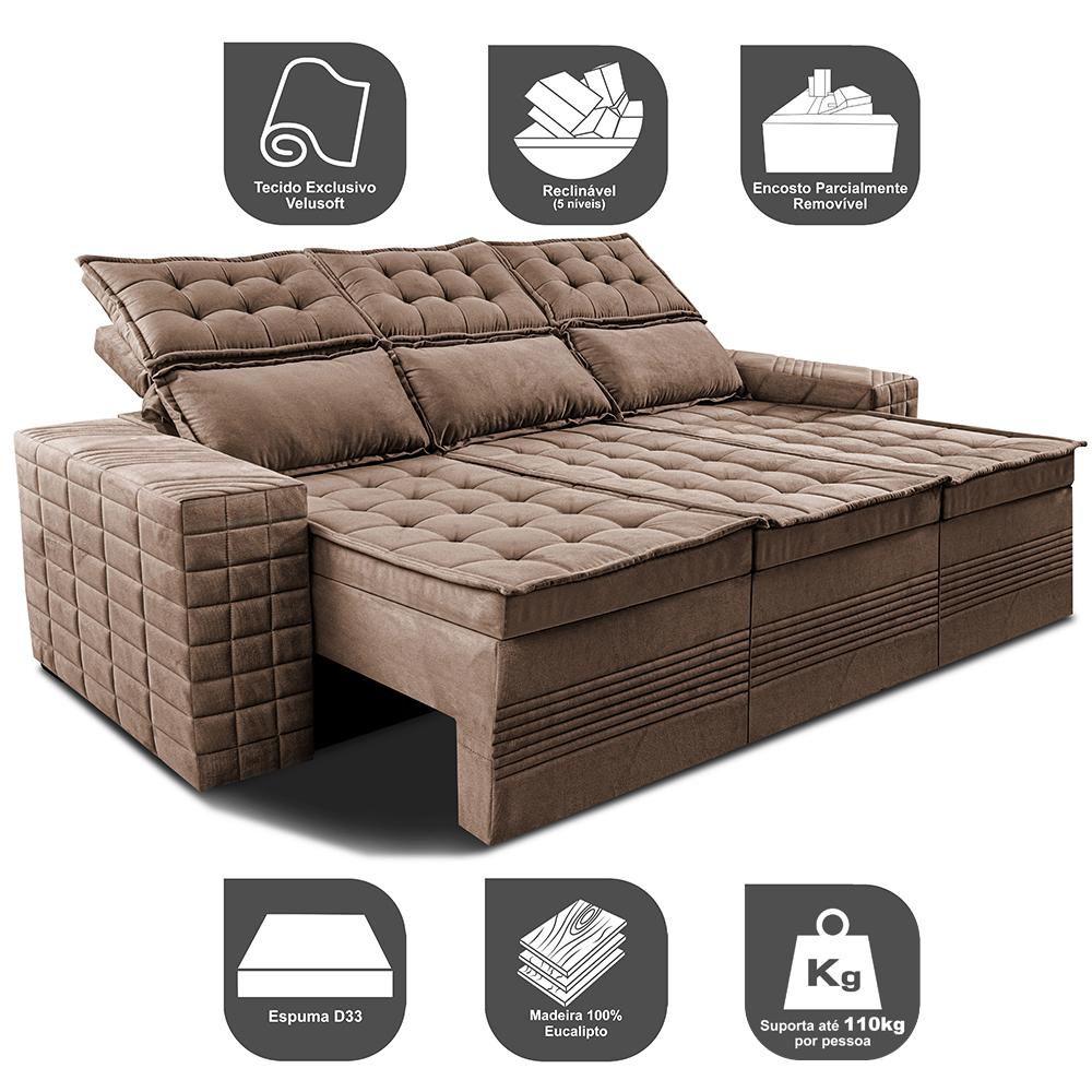 Sofá 3 Lugares Retrátil e Reclinável Cama inBox Senses 2,00m Velusoft Castor