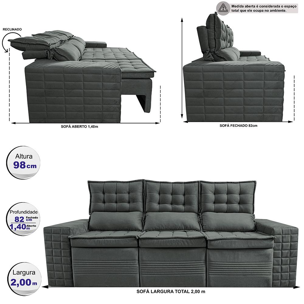Sofá 3 Lugares Retrátil e Reclinável Cama inBox Senses 2,00m Velusoft Cinza