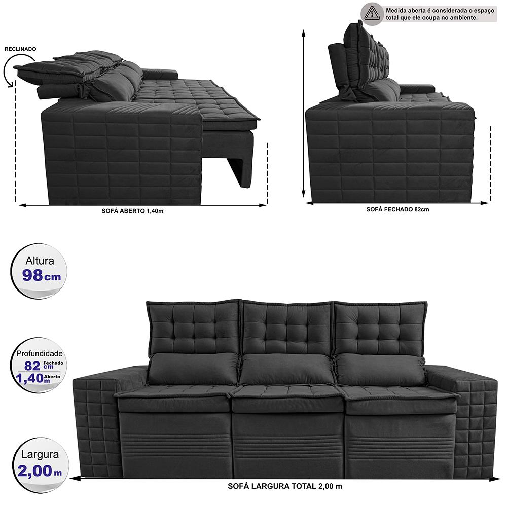 Sofá 3 Lugares Retrátil e Reclinável Cama inBox Senses 2,00m Velusoft Preto
