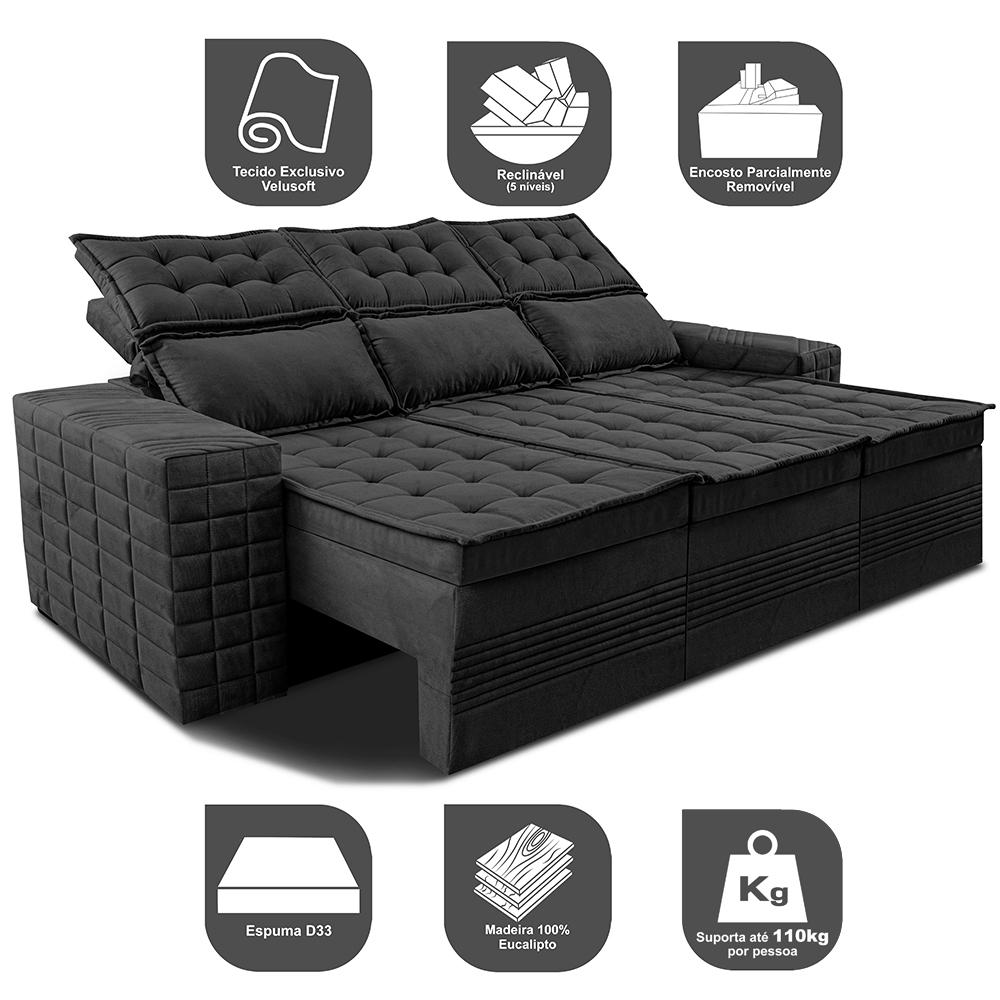 Sofá 3 Lugares Retrátil e Reclinável Cama inBox Senses 2,00m Velusoft Preto