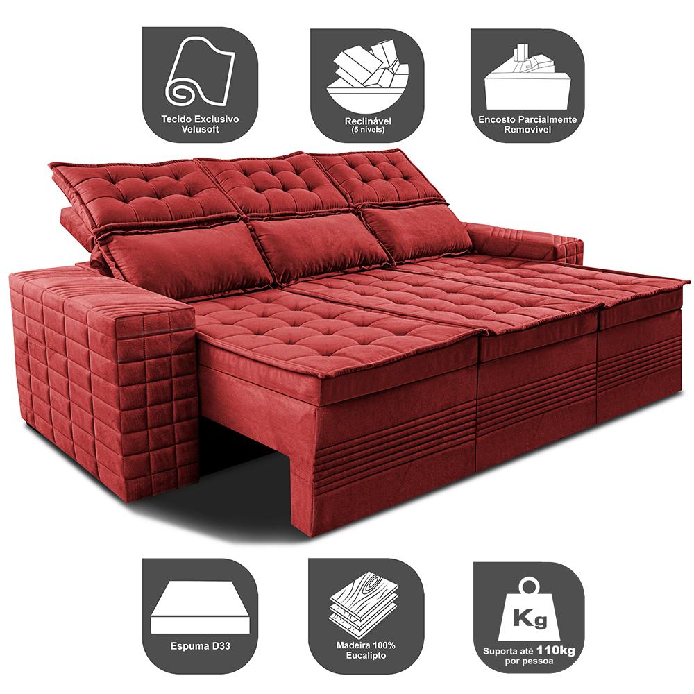 Sofá 3 Lugares Retrátil e Reclinável Cama inBox Senses 2,00m Velusoft Vermelho