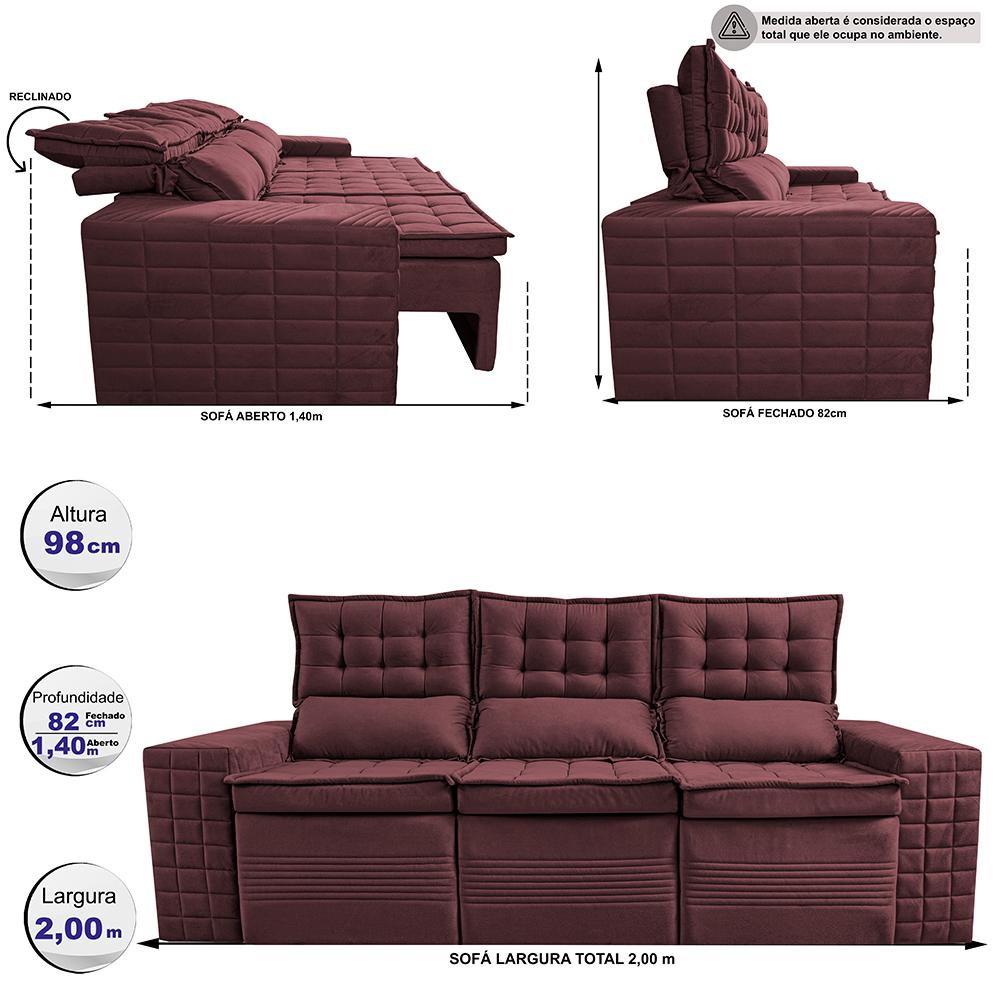 Sofá 3 Lugares Retrátil e Reclinável Cama inBox Senses 2,00m Velusoft Vinho