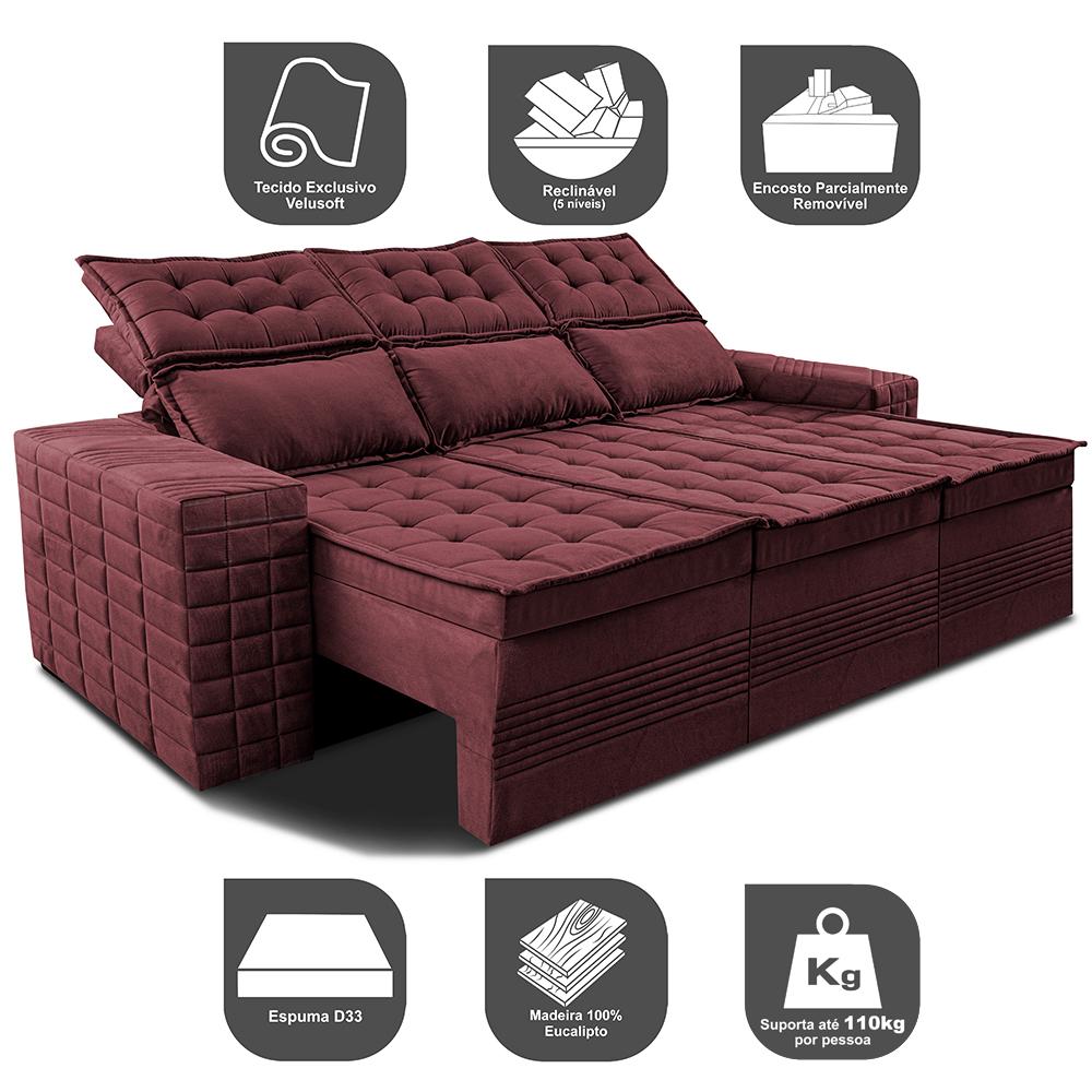 Sofá 3 Lugares Retrátil e Reclinável Cama inBox Senses 2,00m Velusoft Vinho