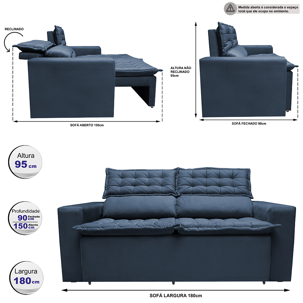 Sofá 3 Lugares Retrátil e Reclinável Cama inBox Slim 1,80m Velusoft Azul