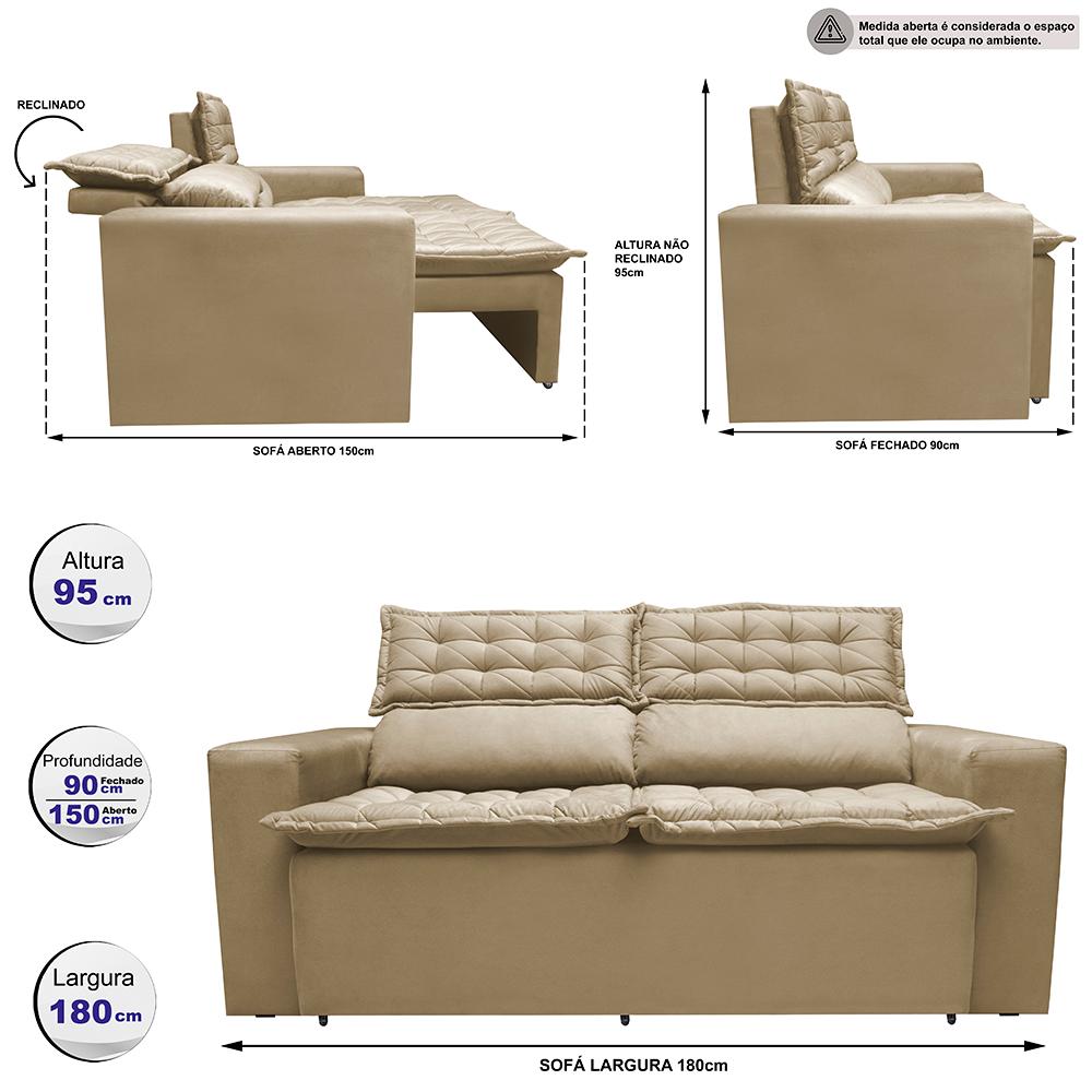 Sofá 3 Lugares Retrátil e Reclinável Cama inBox Slim 1,80m Velusoft Bege