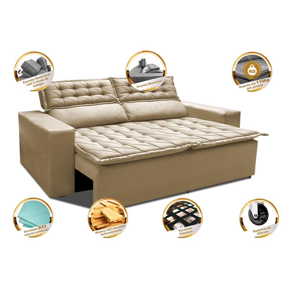 Sofá 3 Lugares Retrátil e Reclinável Cama inBox Slim 1,80m Velusoft Bege