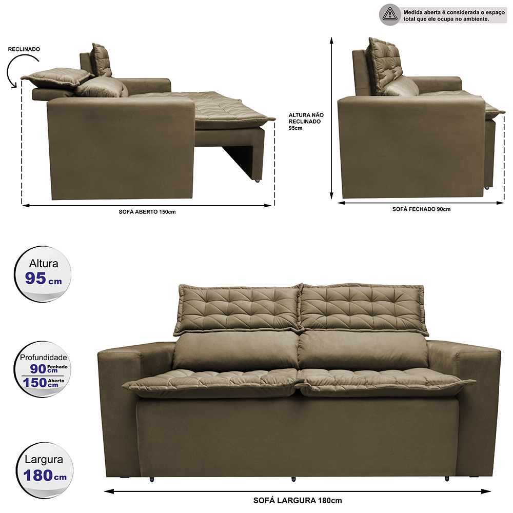 Sofá 3 Lugares Retrátil e Reclinável Cama inBox Slim 1,80m Velusoft Castor