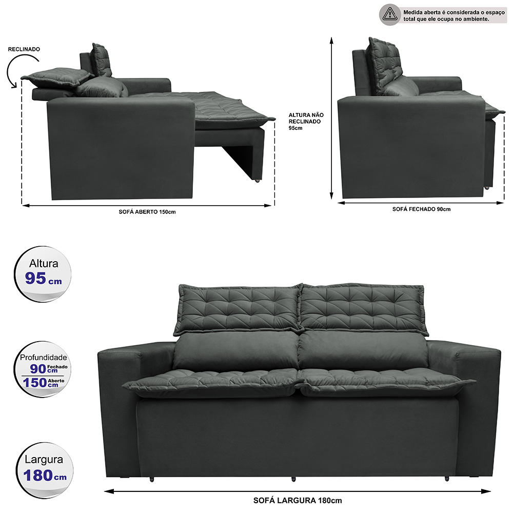 Sofá 3 Lugares Retrátil e Reclinável Cama inBox Slim 1,80m Velusoft Cinza