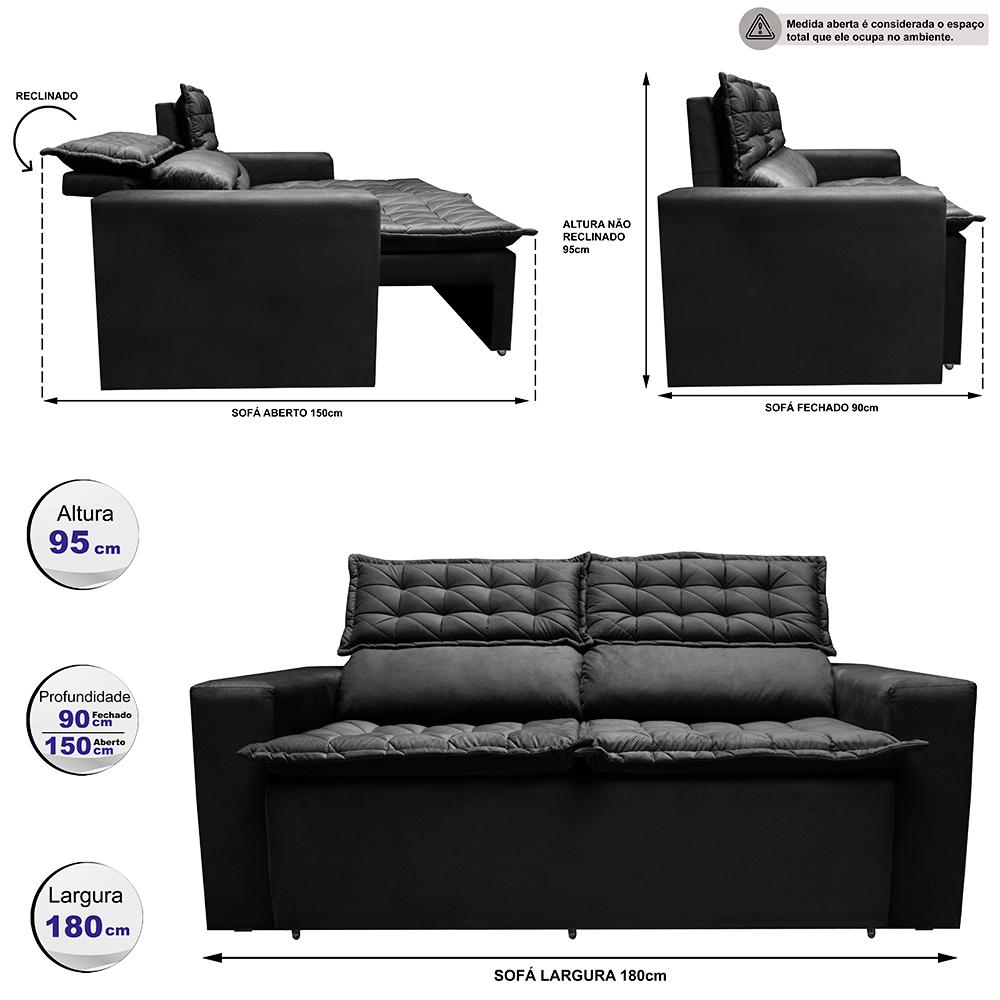 Sofá 3 Lugares Retrátil e Reclinável Cama inBox Slim 1,80m Velusoft Preto