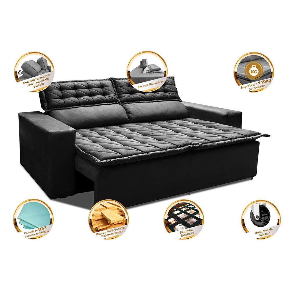 Sofá 3 Lugares Retrátil e Reclinável Cama inBox Slim 1,80m Velusoft Preto