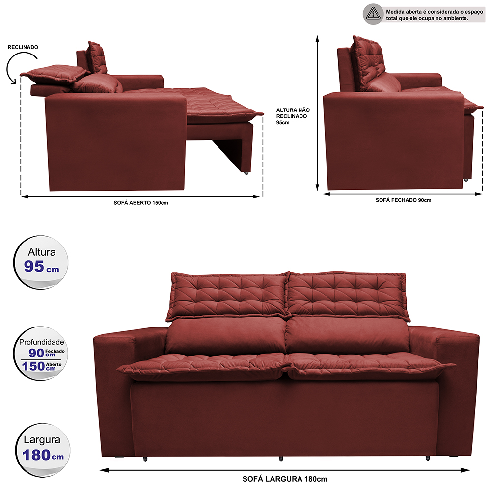 Sofá 3 Lugares Retrátil e Reclinável Cama inBox Slim 1,80m Velusoft Vermelho