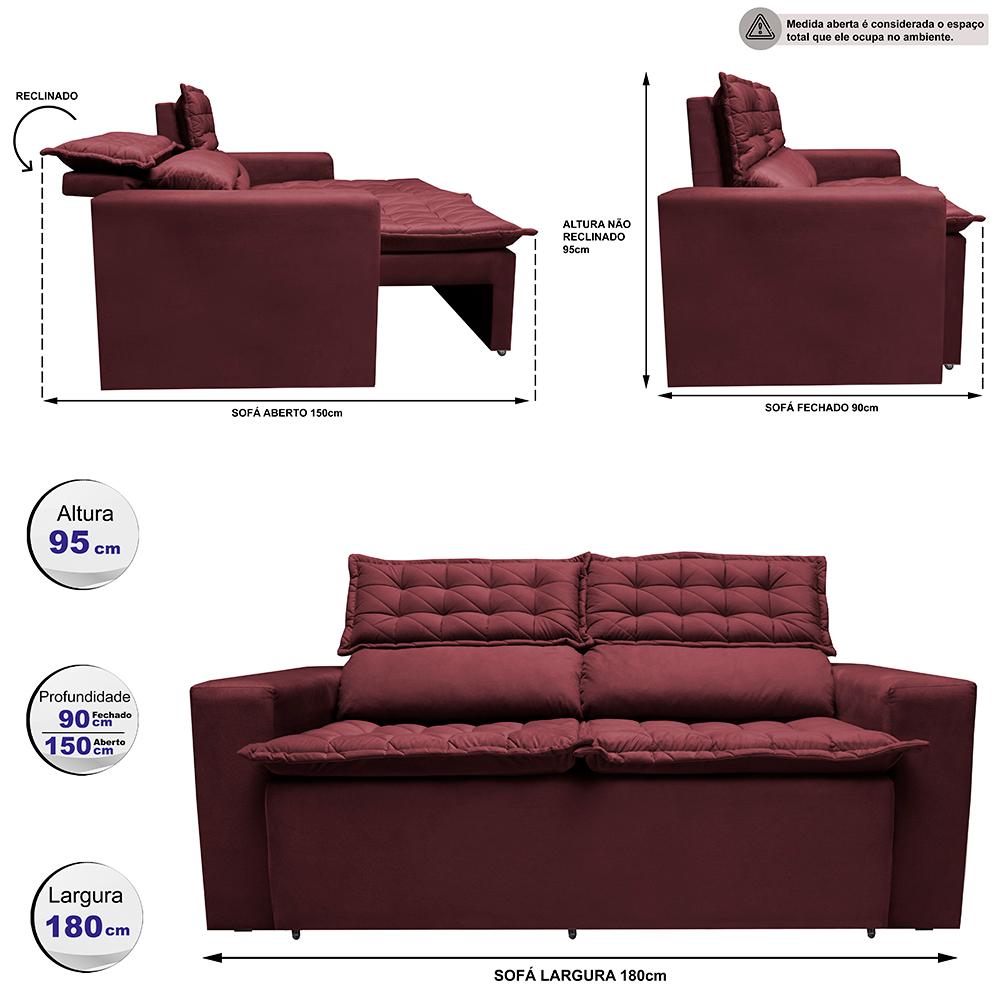 Sofá 3 Lugares Retrátil e Reclinável Cama inBox Slim 1,80m Velusoft Vinho