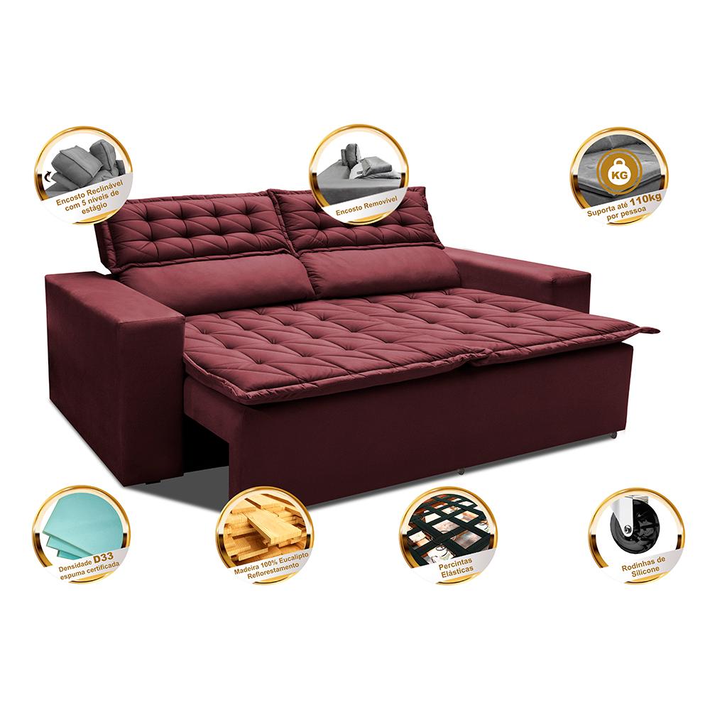 Sofá 3 Lugares Retrátil e Reclinável Cama inBox Slim 1,80m Velusoft Vinho