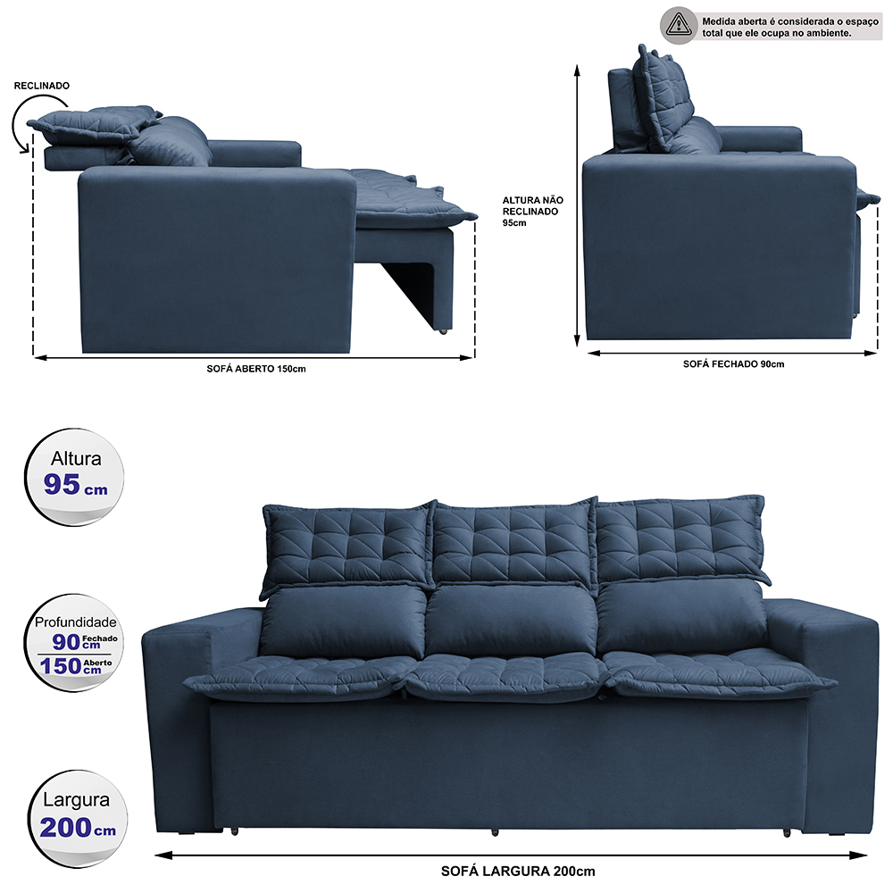 Sofá 3 Lugares Retrátil e Reclinável Cama inBox Slim 2,00m Velusoft Azul