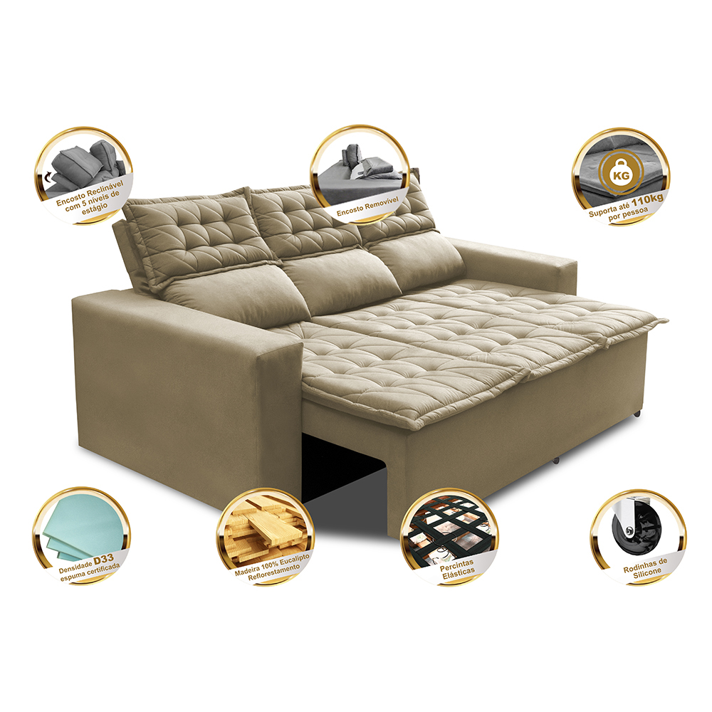 Sofá 3 Lugares Retrátil e Reclinável Cama inBox Slim 2,00m Velusoft Bege