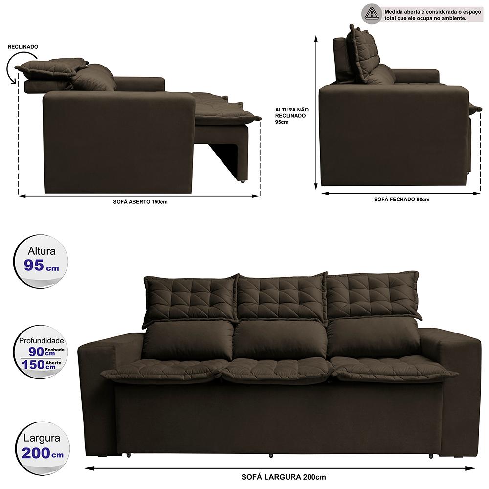 Sofá 3 Lugares Retrátil e Reclinável Cama inBox Slim 2,00m Velusoft Café