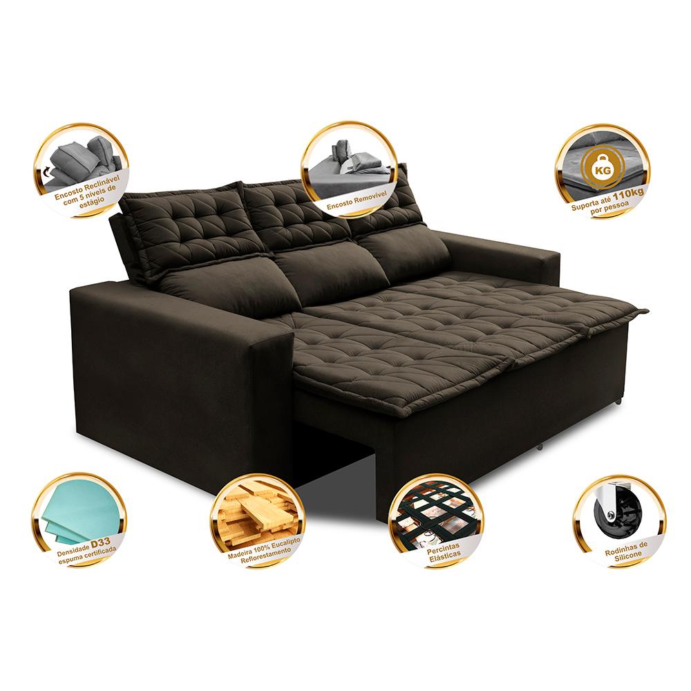 Sofá 3 Lugares Retrátil e Reclinável Cama inBox Slim 2,00m Velusoft Café