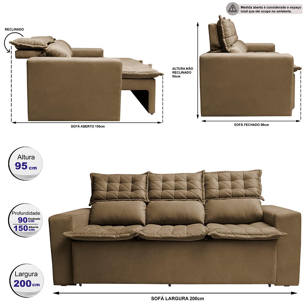 Sofá 3 Lugares Retrátil e Reclinável Cama inBox Slim 2,00m Velusoft Castor