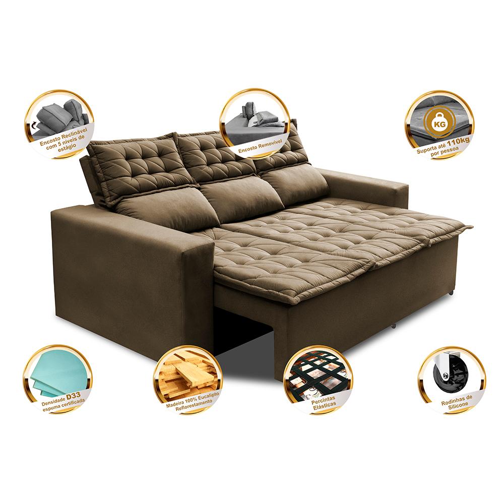 Sofá 3 Lugares Retrátil e Reclinável Cama inBox Slim 2,00m Velusoft Castor