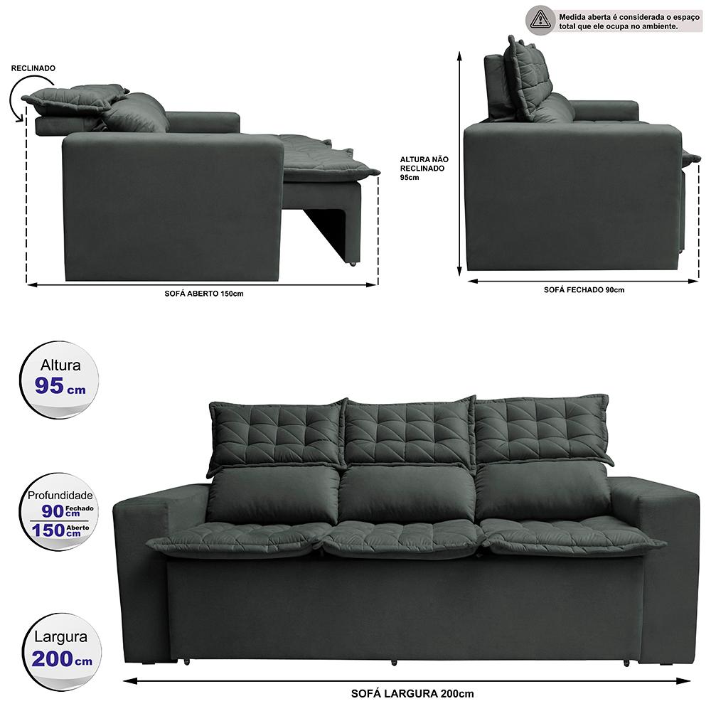 Sofá 3 Lugares Retrátil e Reclinável Cama inBox Slim 2,00m Velusoft Cinza